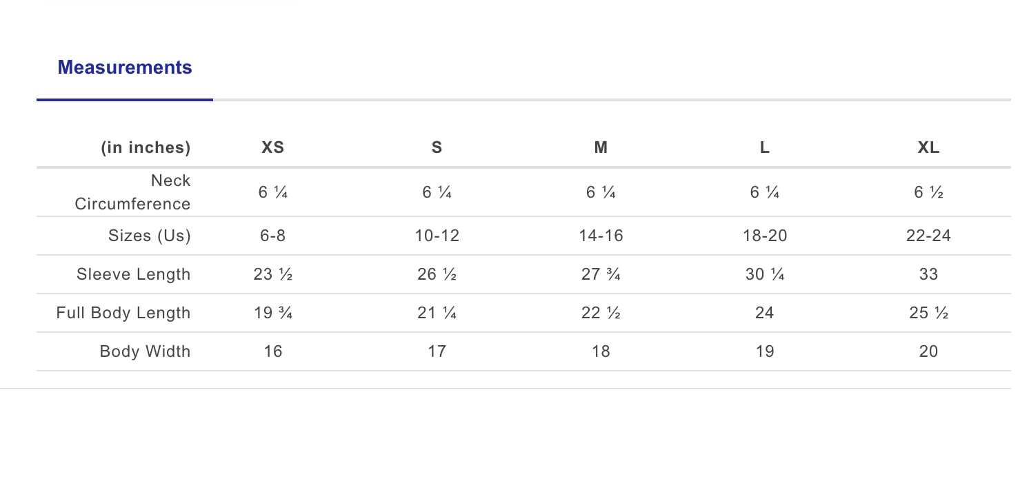 Kids Crewneck Sizing Chart