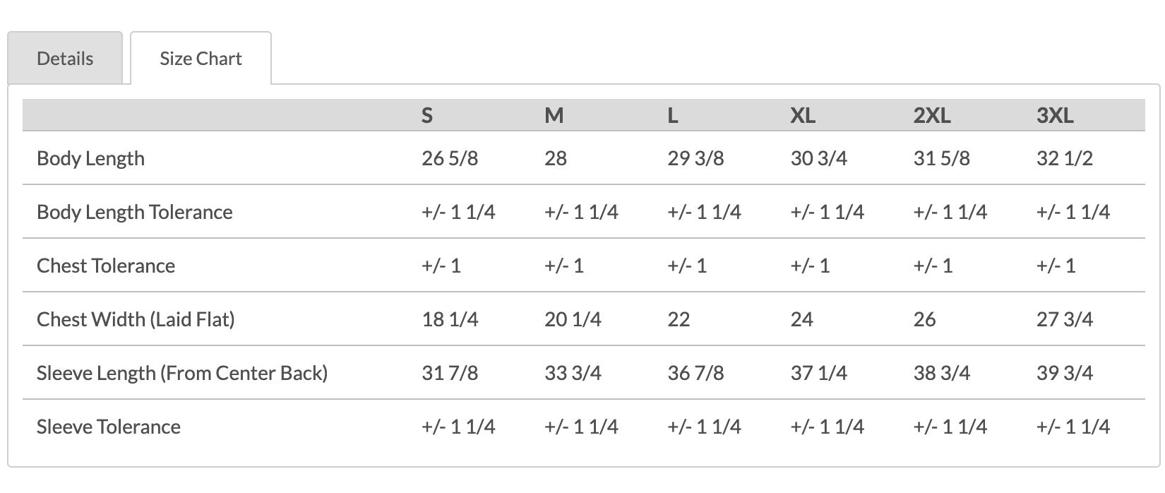 Size Chart Long Sleeve Bella