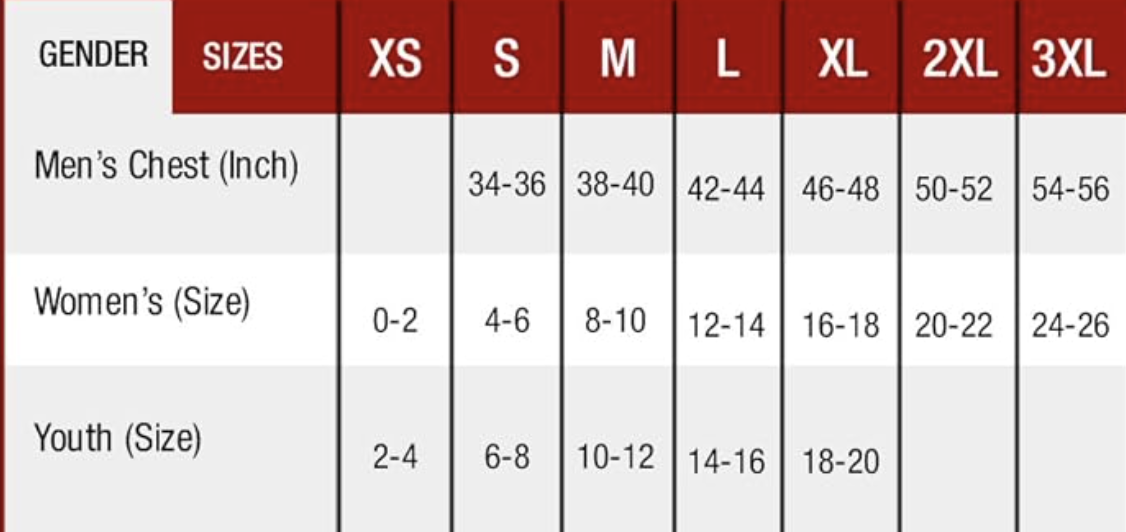 Size Chart for YOUTH sizing
