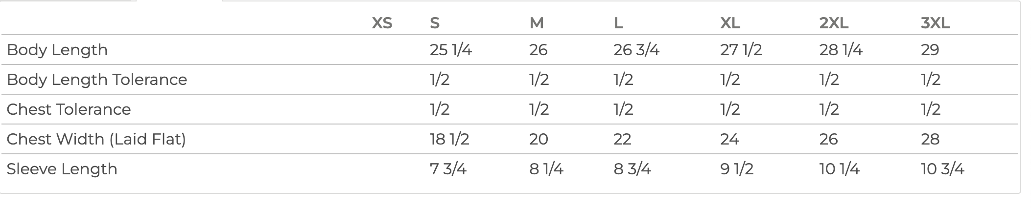 Bella Tee 6400 size guide