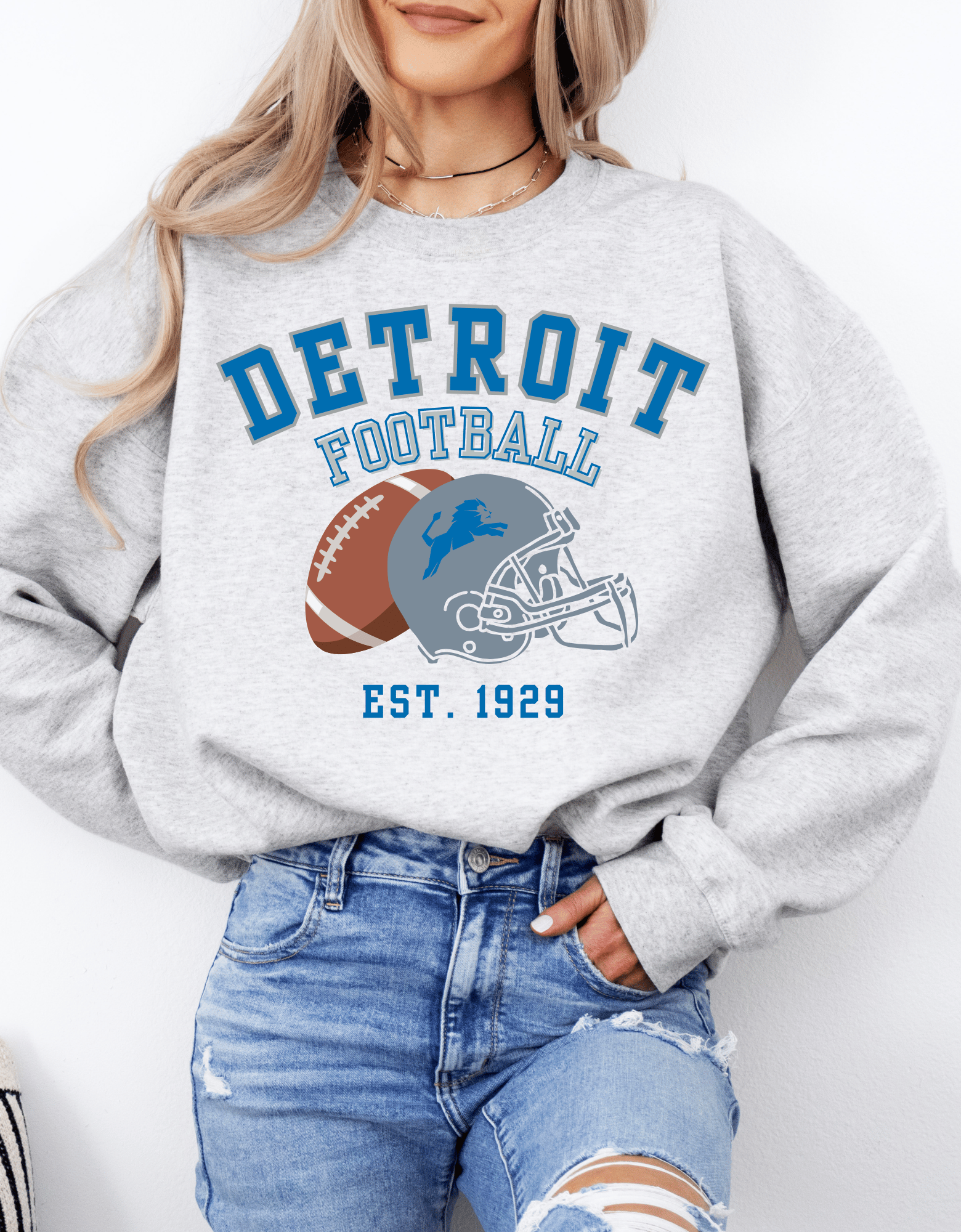Detroit Football Helmet Crewneck Sweatshirt Ash