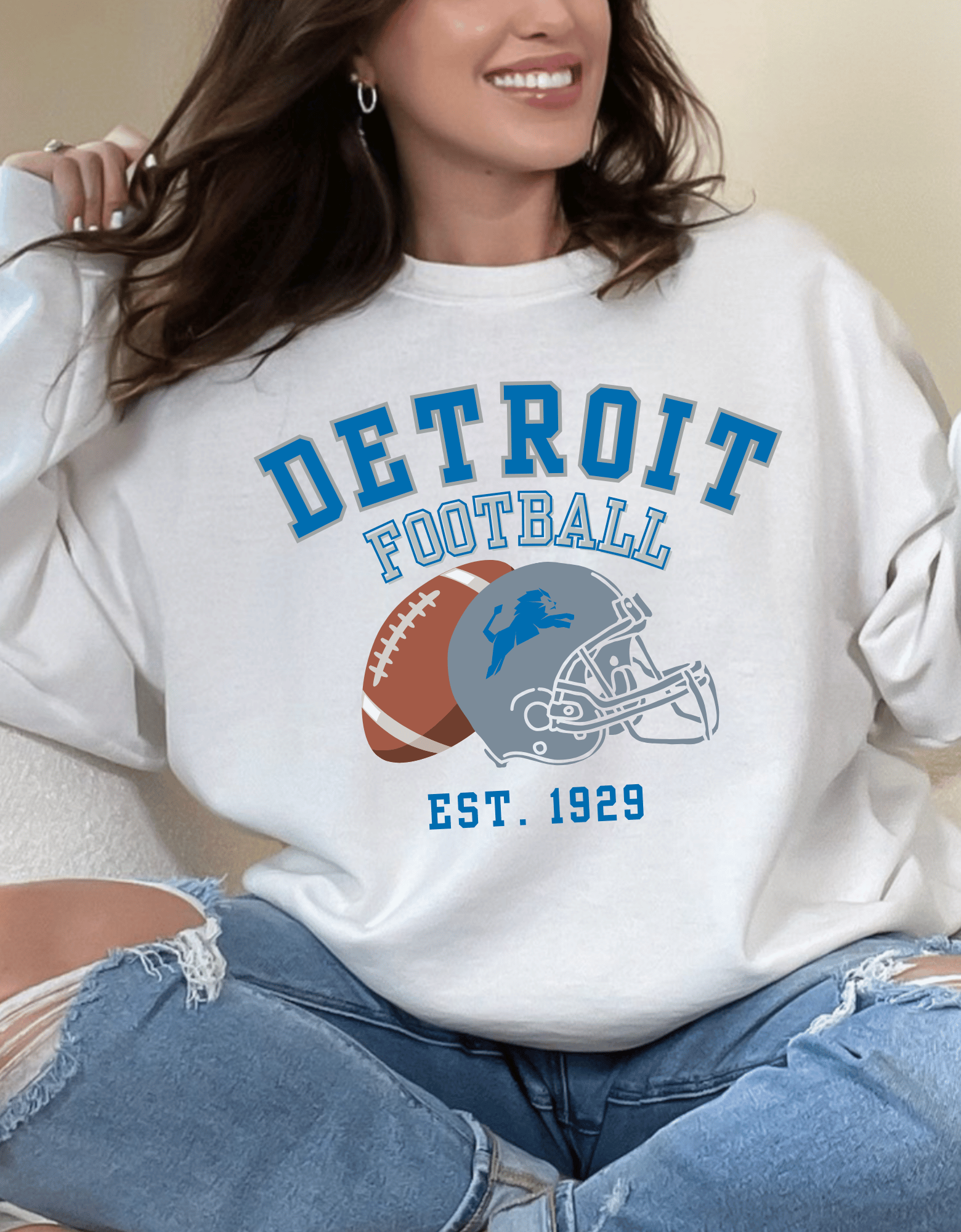 Detroit Football Helmet Crewneck Sweatshirt White