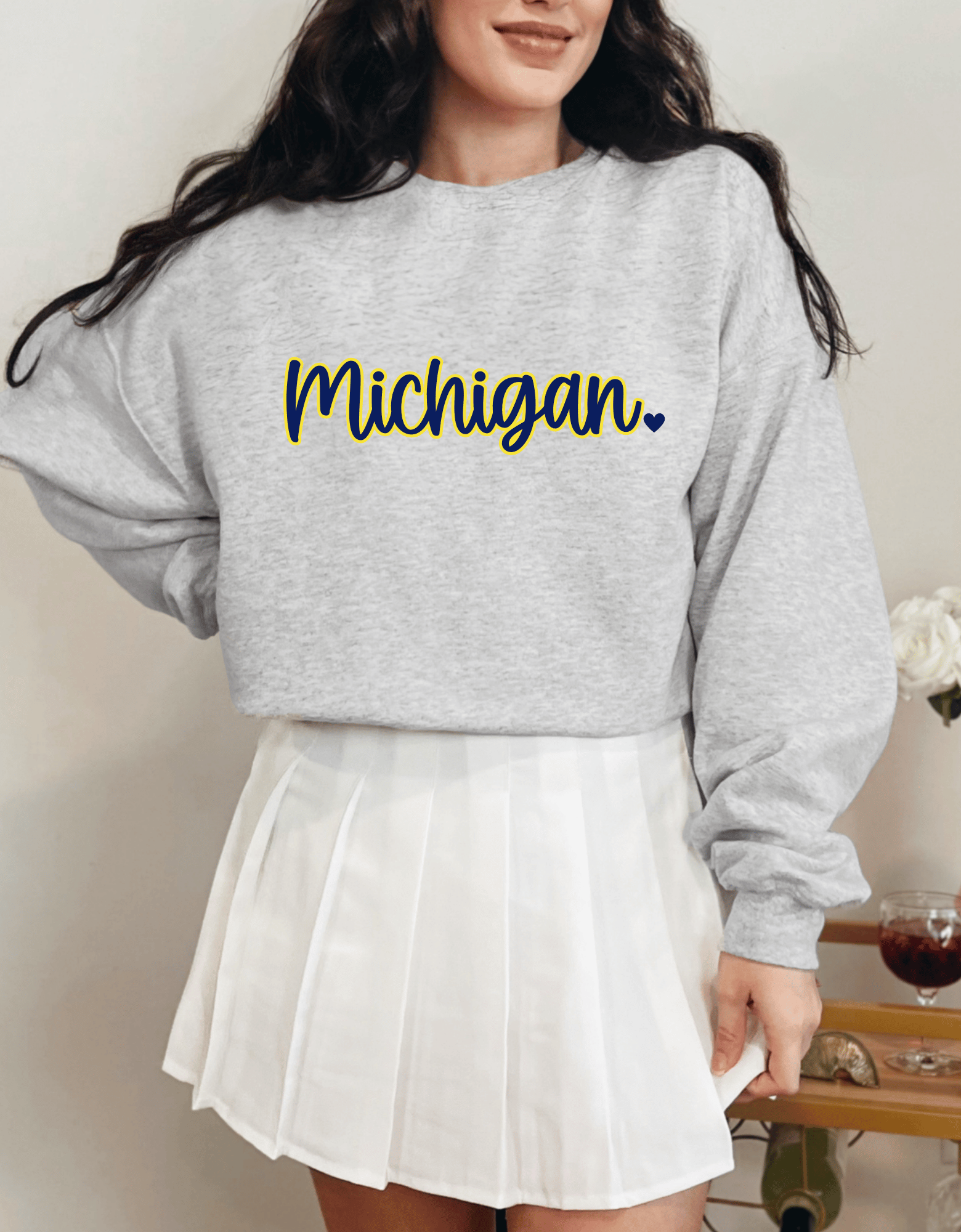 Michigan Cursive Crewneck &amp; T-Shirt with Heart
