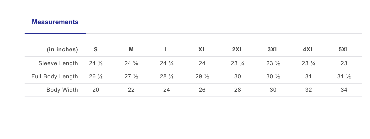 Crewneck sizing chart