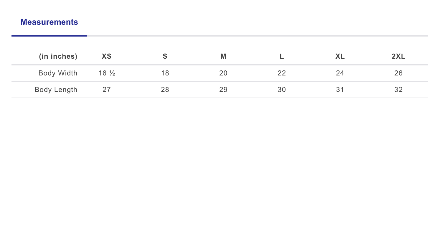 Sizing Chart Bella Tshirt