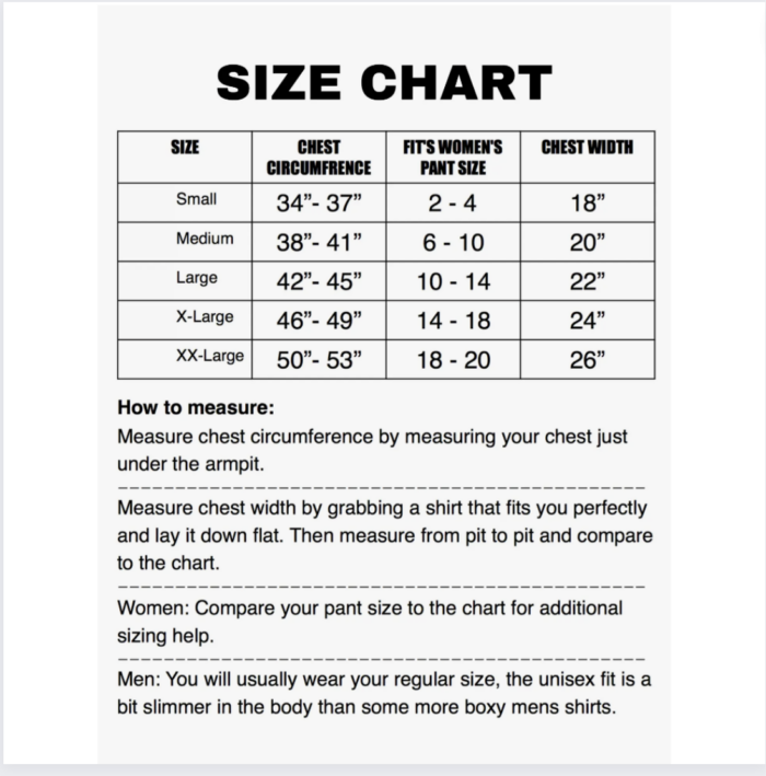 Bella Unisex Size Guide