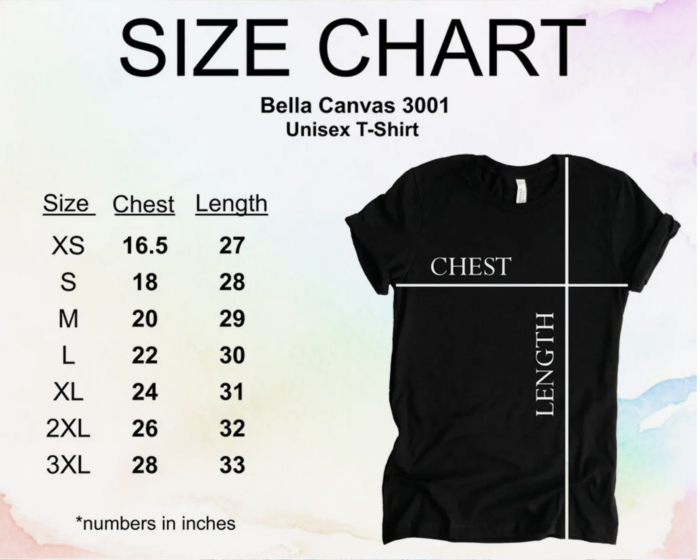 Bella T shirt 3001 Size Guide