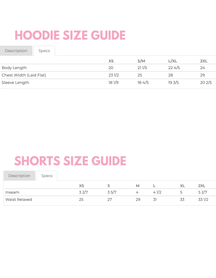 tridri hoodie & short size guide